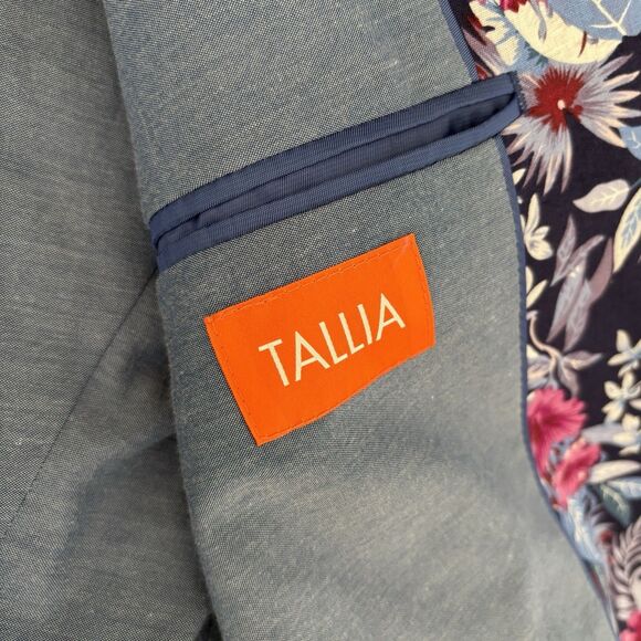 Tallia Blazer Mens Size 38R Blue Slim-Fit Floral Print Suit Jacket Linen Blend - Picture 7 of 11